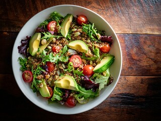 Vibrant Superfood Salad with Avocado and Tomatoes on Rustic Wooden Table
