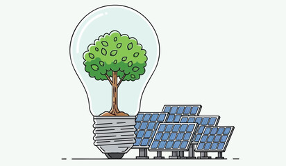 Eco friendly energy concept with solar panels and tree in light bulb on white background