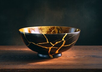 Exquisite Kintsugi Ceramic Bowl with Gold Veins on Wooden Surface Display