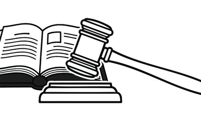 Gavel rests on a legal book symbolizing justice and law with a sound block