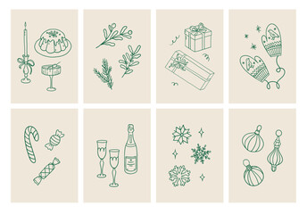 Festive poster set with Christmas and winter symbols in a vintage line style. Toys, sweets, drinks, snowflakes, gifts. Hand drawn illustration for seasonal decor.
