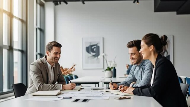 Three colleagues in a meeting at a modern office table