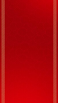 4K vertical happy chinese new year frame border moving across red gradient background. Copy space for holiday celebration, birthday and wedding invitation on ornamental asian styles.