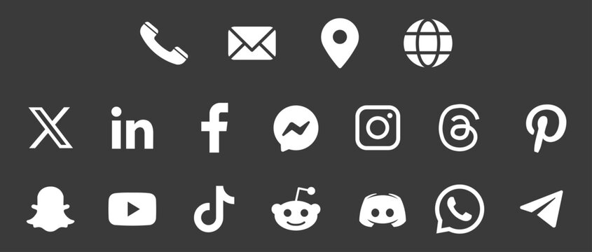 White social media and contact icons set isolated on gray background.