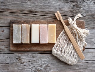 Natural Flat Lay of Handmade Soap Bars with Wooden Brush and Bag