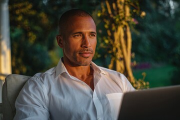 Fototapeta premium Confident Man in White Shirt Working on Laptop Outdoors at Sunset
