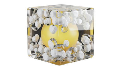 Cube with Yellow Sphere and Crystal-like Inclusions