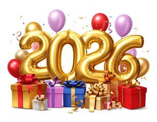 Gold 2026 balloons with gifts, confetti and balloons, white background
