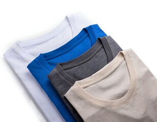 Stacked, folded shirts in various colors on a white background