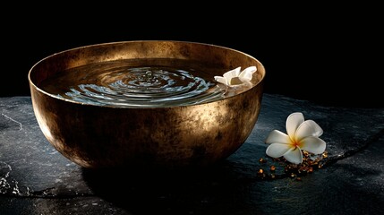 Serene Meditation with a Brass Singing Bowl and Floating Plumeria Flowers