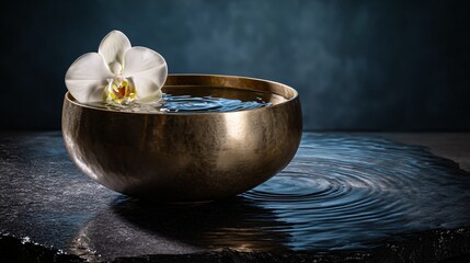 Brass Singing Bowl with Water and Orchid for Calm and Relaxation