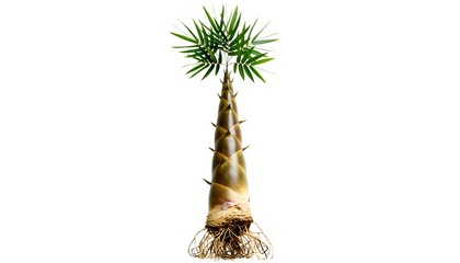 Bamboo shoot, roots visible, on white background, green leaves