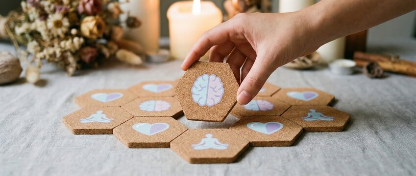 Hand placing brain tile on mindfulness game board with heart and yoga poses Concept of mental health, selfcare, and wellbeing