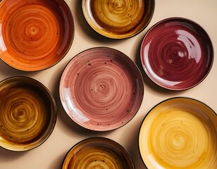 Overhead shot of several swirled-color plates on a neutral background