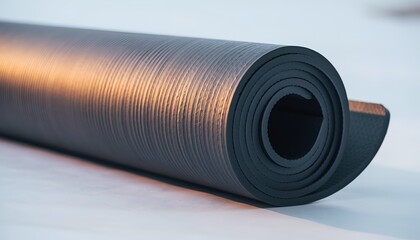 Rolled black mat with textured surface, lit by warm light