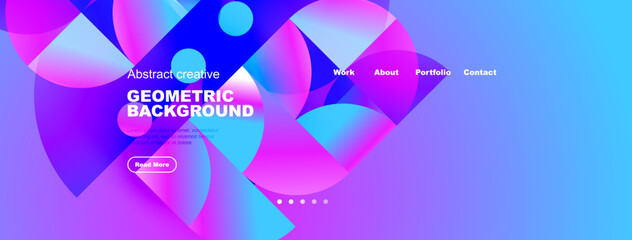 Vibrant abstract design. Geometric shapes, fluid gradients create modern website header. Text highlights creativity, portfolio access.