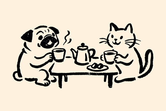 Cat and dog tea time doodle line art vector illustration