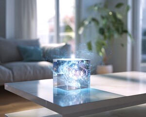 Futuristic Living Room Scene with Luminous Transparent Crystal on Table