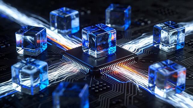 Electronic circuit board with ice blocks and blue orange light effects