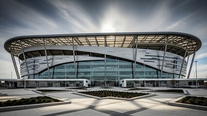 Modern Football Stadium with Glass Facade and Dramatic Cloudy Sky