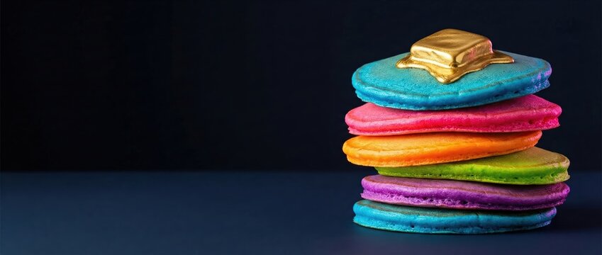 Stack of colorful pancakes with golden butter, breakfast food, vibrant and fun
