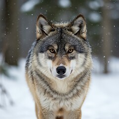 Fototapeta premium A wolf with gray and brown fur stands in a snowy forest, looking directly at the camera.