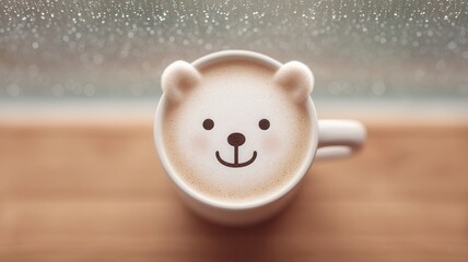 Bear latte art on a warm coffee mug, resting on a wooden surface with a rainy window background, relaxation comfort promoting