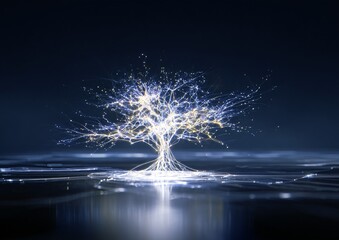 Glowing Abstract Tree in a Dark Environment with Network Connectivity Theme