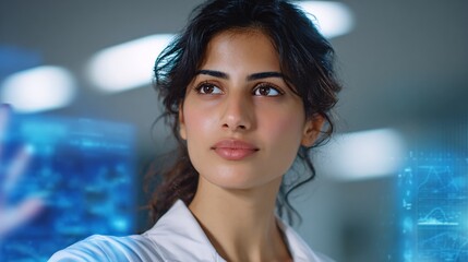 Confident Female Engineer Interacting with Futuristic Technology in a Modern Lab