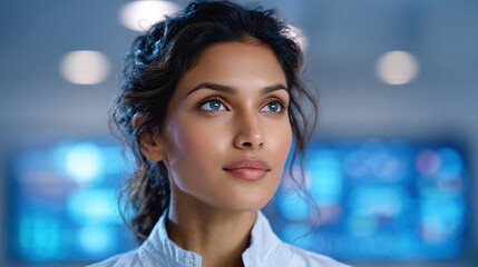 Confident Female Engineer in Modern Technology Setting with Focused Expression