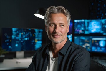 Confident Mature Man in Modern Technology Office with Monitors Displaying Data