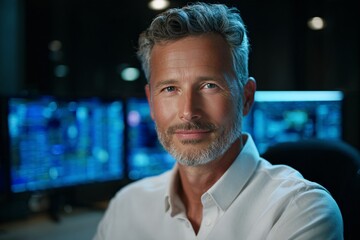 Confident Mature Man with Salt-and-Pepper Hair in Modern Office Setting