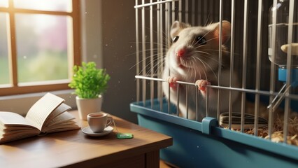 Obraz premium A cute hamster peeking out of its cage next to a cozy table with a book, coffee, and plant by a sunny window.