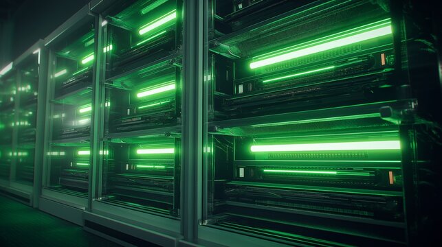Green luminous layers of AI infrastructure with bright lights and technology features - Powered by Adobe