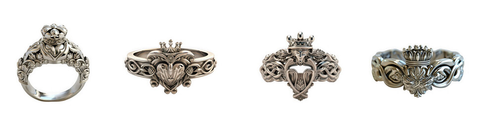 Detailed silver rings showcasing intricate designs and floral motifs perfect for various aesthetic projects on transparent background
