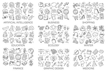 Doodle icons big collection vector isolated. Set of hand-drawn symbols. Education, business, ecology and design. Collection of funny design elements. © Derariad