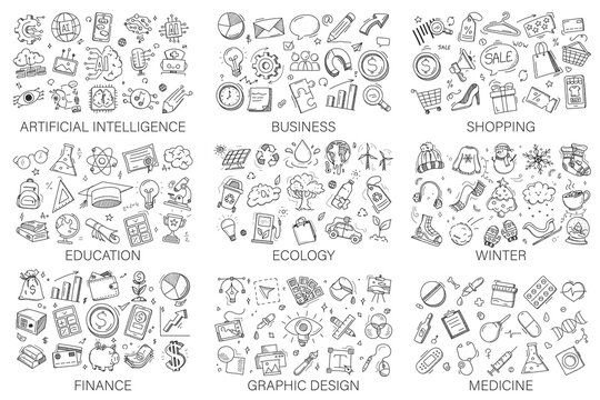 Doodle icons big collection vector isolated. Set of hand-drawn symbols. Education, business, ecology and design. Collection of funny design elements.