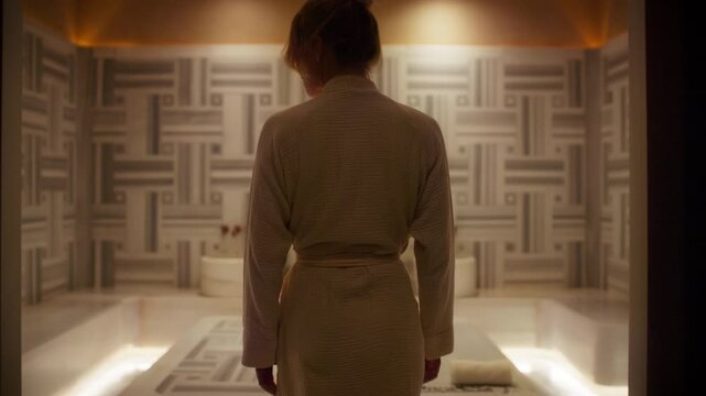 A person in a soft bathrobe enters a luxurious, elegant spa room featuring beautiful marble walls and soothing lighting.