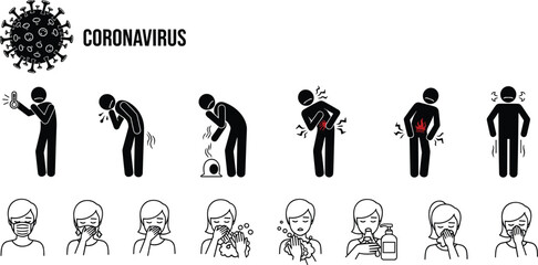 Coronavirus symptoms and prevention icons illustration showing coughing fever fatigue mask wearing hygiene awareness medical health infographic design set
