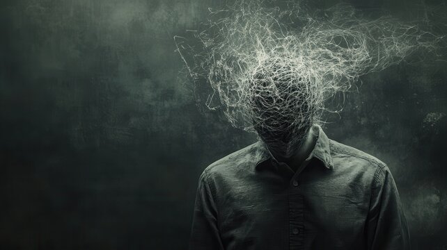 Person experiencing stress and anxiety, head filled with tangled chaotic lines representing distress and mental confusion