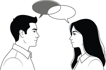 Man and woman communication illustration showing conversation dialogue bubbles, interpersonal discussion, relationship talk, psychology concept, social interaction line art