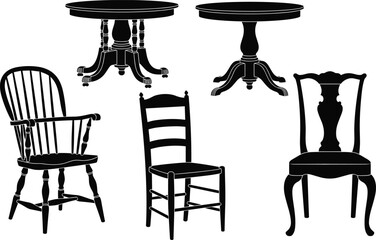 Vintage wooden chairs and tables silhouettes illustration showing classic furniture design, antique seating, dining room decor, black and white artwork