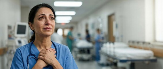 Crying nurse with hands on chest in hospital hallway, emotional healthcare worker, concept of empathy and exhaustion