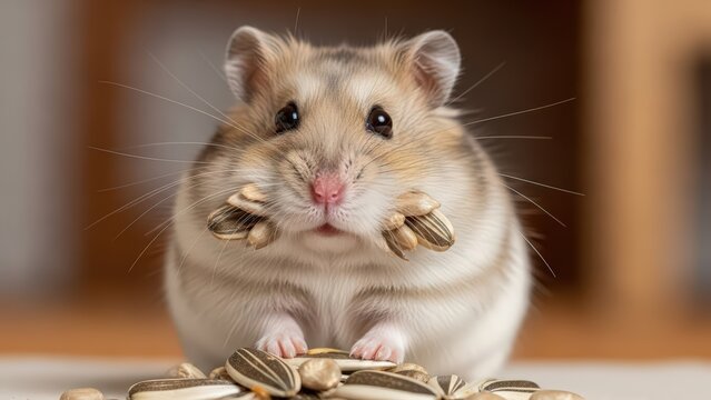 A cute dwarf hamster with full cheek pouches holding sunflower seeds in its tiny paws, looking directly at the camera.