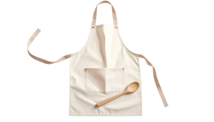 Beige Cotton Apron With Pocket and Wooden Spoon Isolated on Transparent Background for Cooking Baking Gardening and Crafting Projects