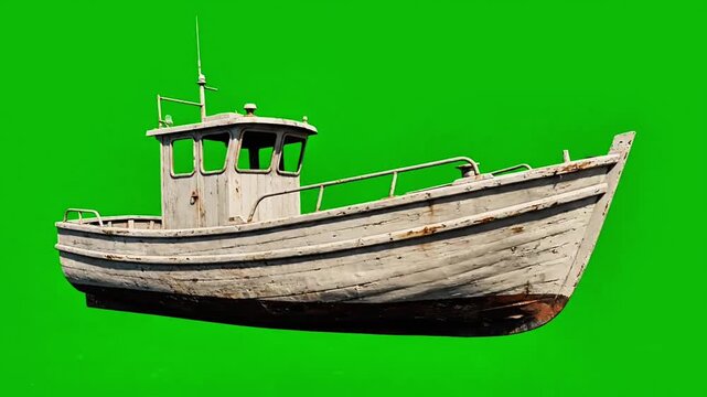 Traditional wooden fishing boat isolated on green background
