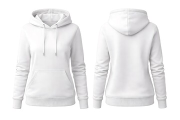 Blank white hoodie mockup, front and back view. Women's sweatshirt template. Isolated on white background.