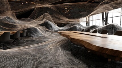 boardroom with transparent walls and softly animated data layers