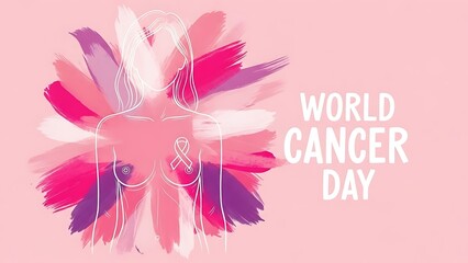 World Cancer Day illustration with a woman's outline and colorful brush strokes, promoting breast cancer awareness and support.