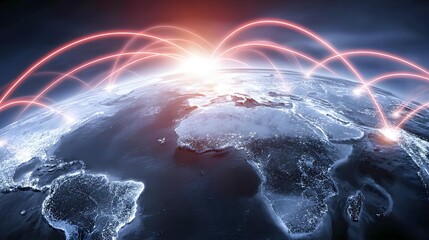 connection scene with abstract world map and flowing network lines